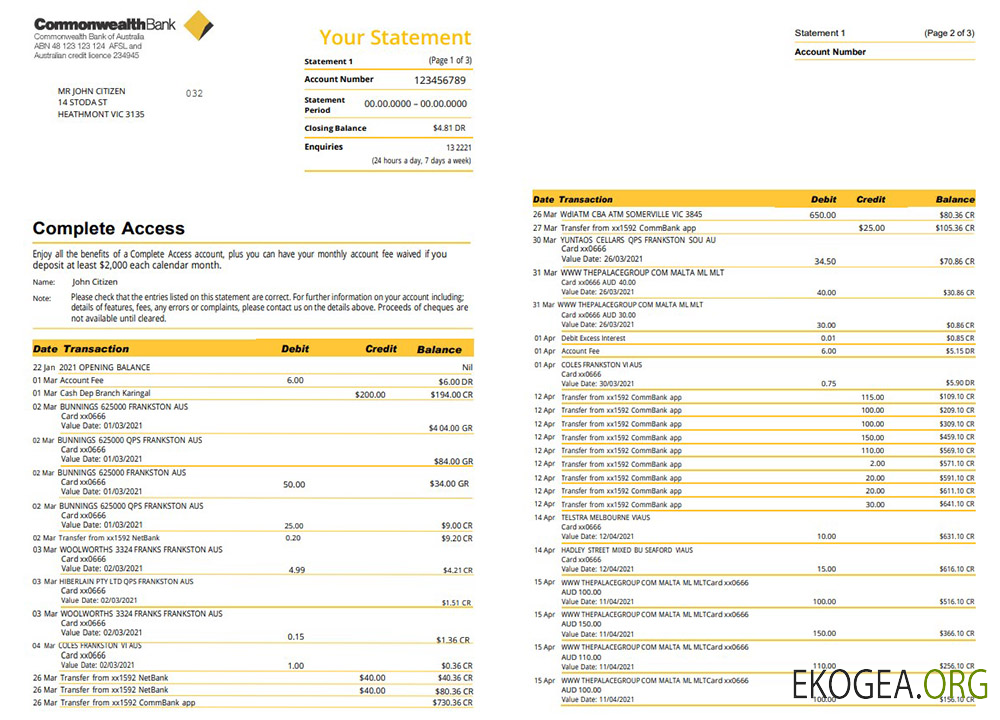 Modèle de relevé bancaire du Commonwealth d'Australie au format Word et PDF (3 pages), version 2